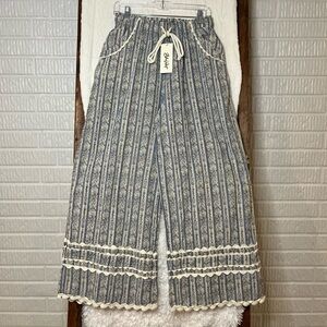 Blue Velvet Striped Wide-Leg Women’s Small Pants with Lace Trim